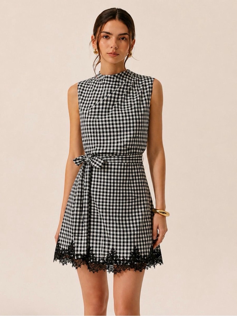 Commense Black & White Gingham Tie- Waist Lace Trim Dress